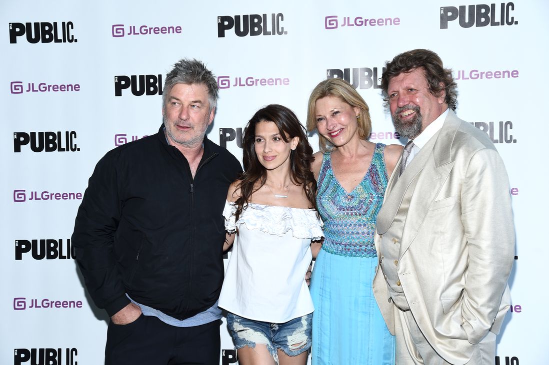The country's other controversial Trump impersonator on opening night with Hilaria Baldwin, Laurie Eustis and Oskar Eustis<br/>